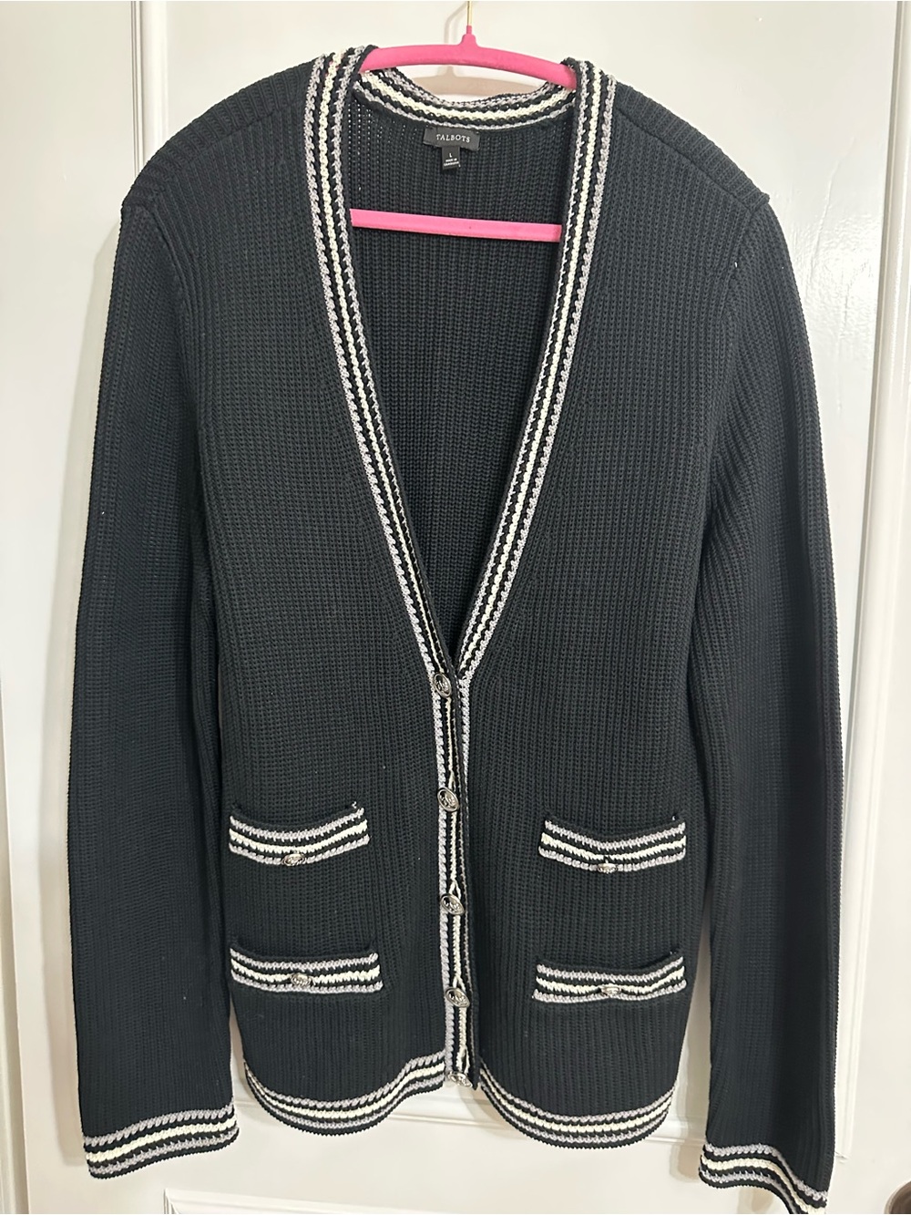 Talbots Black Sweater Cardigan with White and Gray Stripe Trim Size L